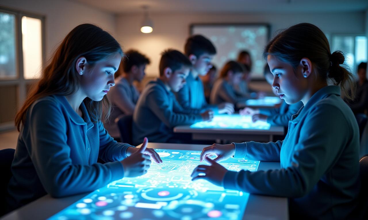Students interacting with holographic educational interfaces in a futuristic classroom.
