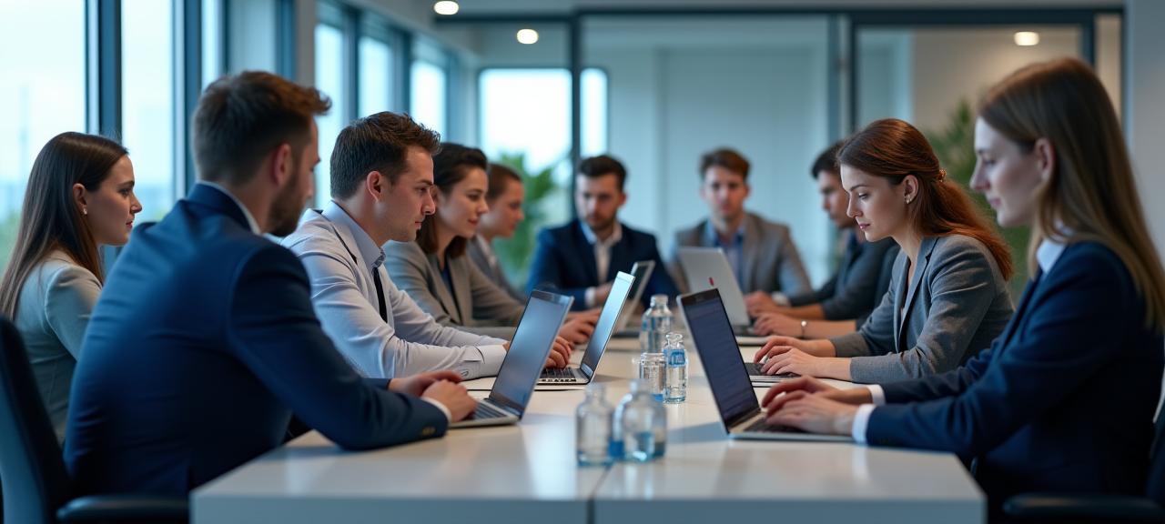 Corporate employees engaging in a training session using laptops.