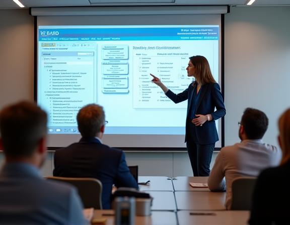 A teacher leading a workshop for other educators, pointing at a screen with digital curriculum.