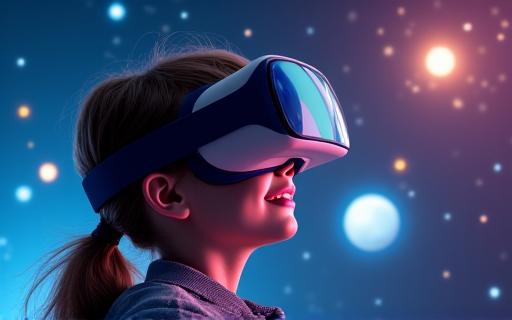 A student wearing a VR headset exploring the solar system.